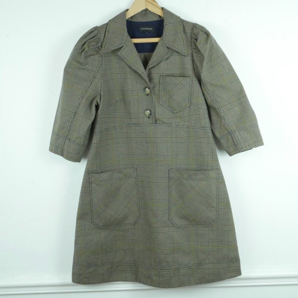 Lee Matthews Size 2 Dress Plaid Academia Old Money Preppy Puff Sleeve Officecore